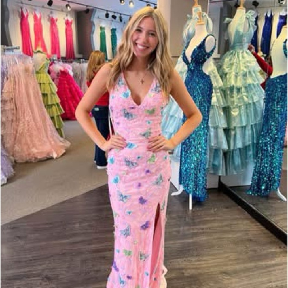 Pink butterfly Gown with Slit Primavera Couture Prom Hoco formal dress